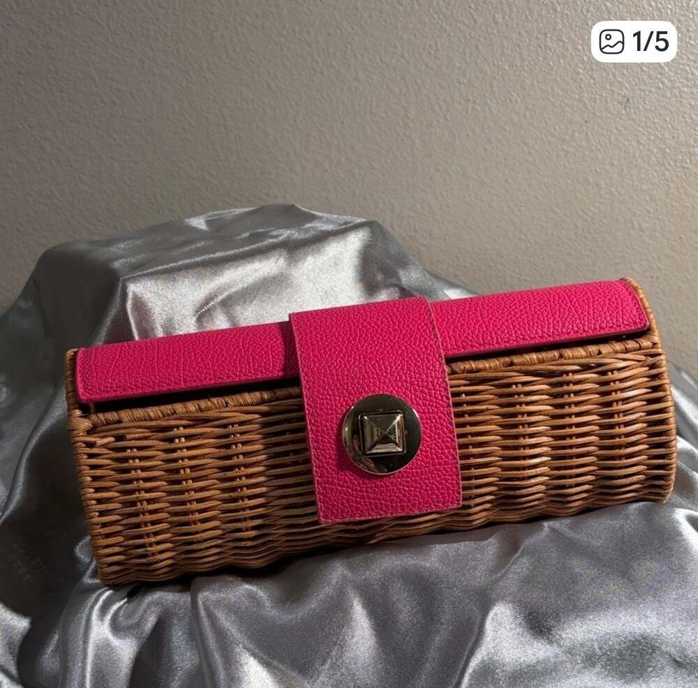 Mud Pie Rachel Pink Faux Leather and Rattan Woven Cylinder Clutch - Picture 2 of 5